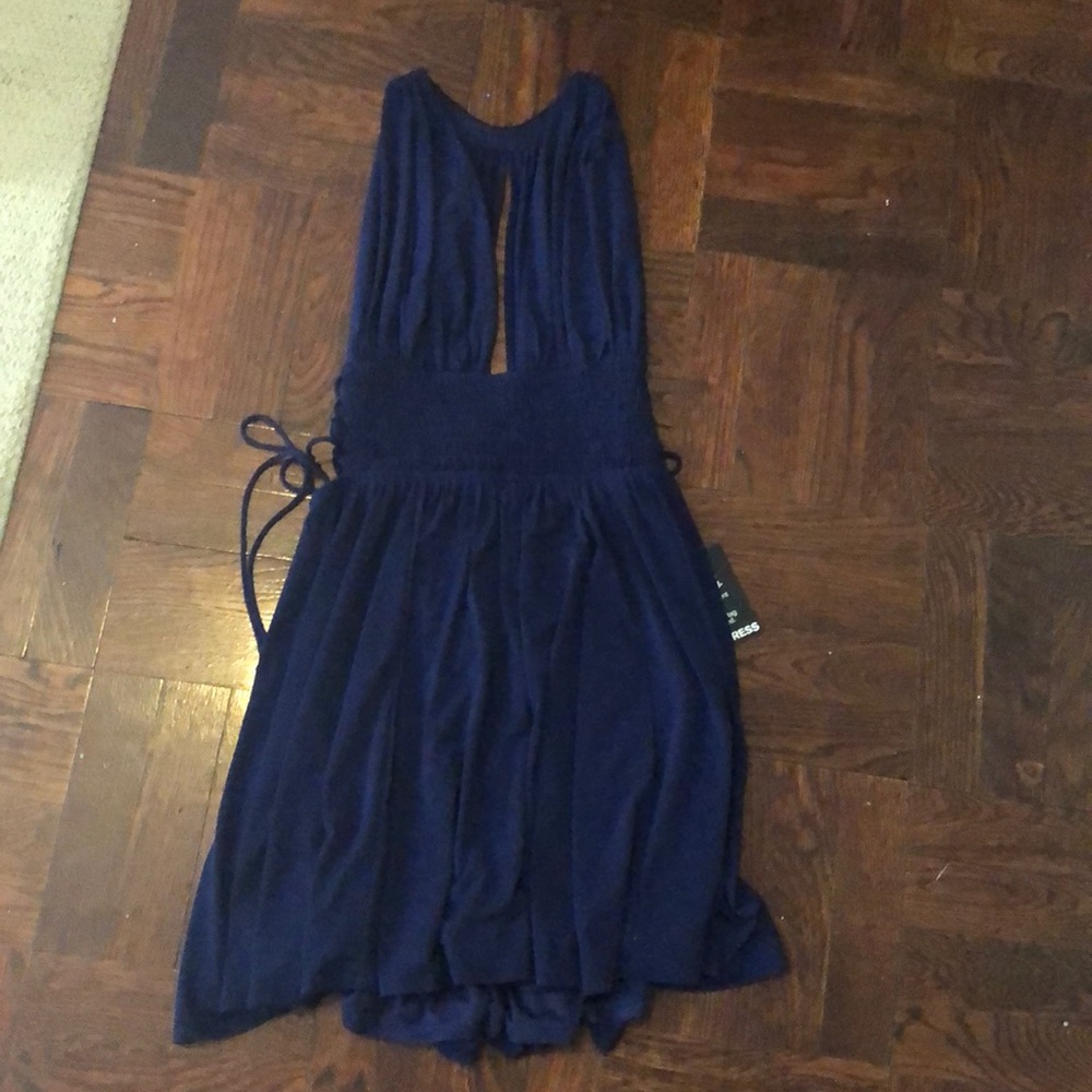 Express high neck navy dress with cinched waist